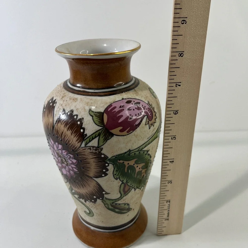 Vintage Ceramic Floral Vase Hand Painted Earthy Tones Boho Decor Art Pottery MCM